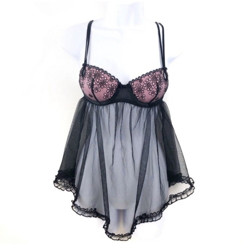 Victorias Secret 34B Padded Lingerie Babydoll Chemise Teddy Lace Sheer Underwire